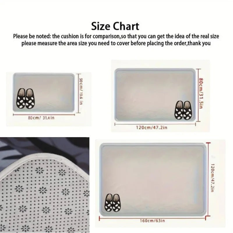 Sea Dragon Dreams Shark Glacier microfiber doormat size chart showing dimensions for three rectangular mat sizes.