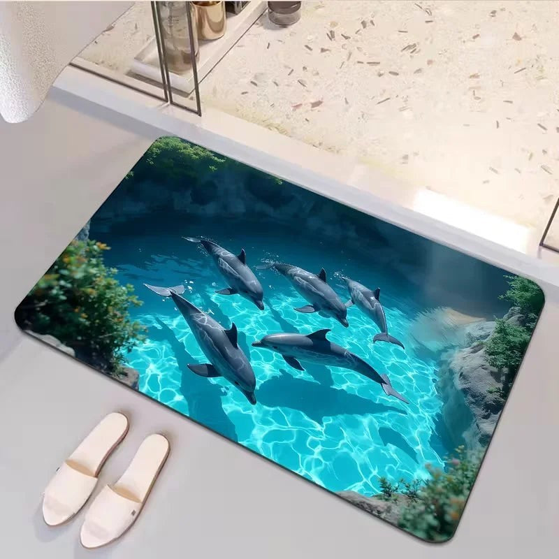 Sea Dragon Dreams Shark Glacier microfiber doormat featuring a realistic shark swimming in blue water, top view.