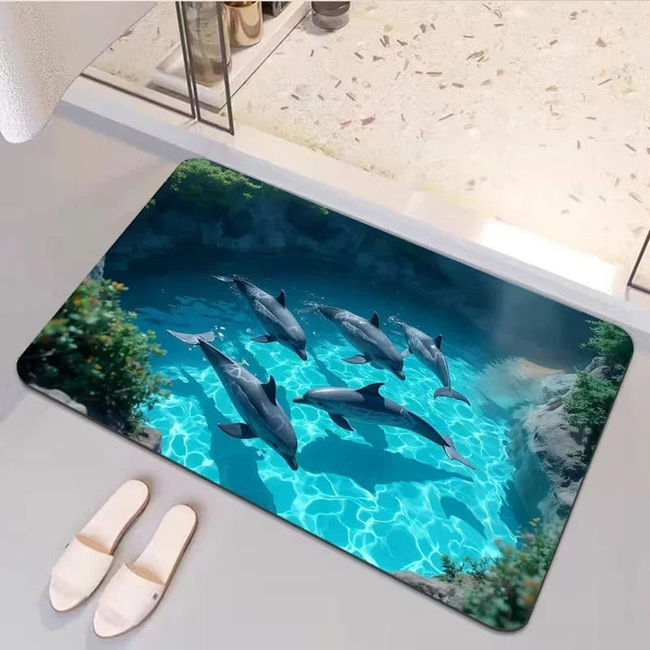 Sea Dragon Dreams Shark Glacier microfiber doormat featuring a realistic shark swimming in blue water, top view.