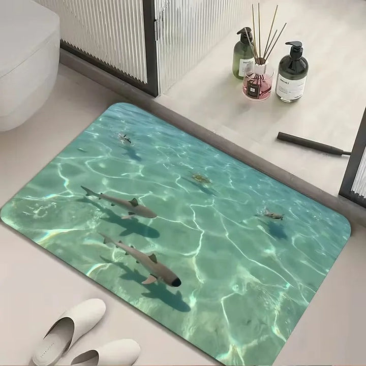 Sea Dragon Dreams Shark Glacier microfiber doormat with realistic ocean shark design on a bathroom floor.