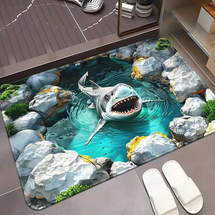 Sea Dragon Dreams Shark Glacier non-slip microfiber doormat with a 3D ocean shark and rocky shore design.