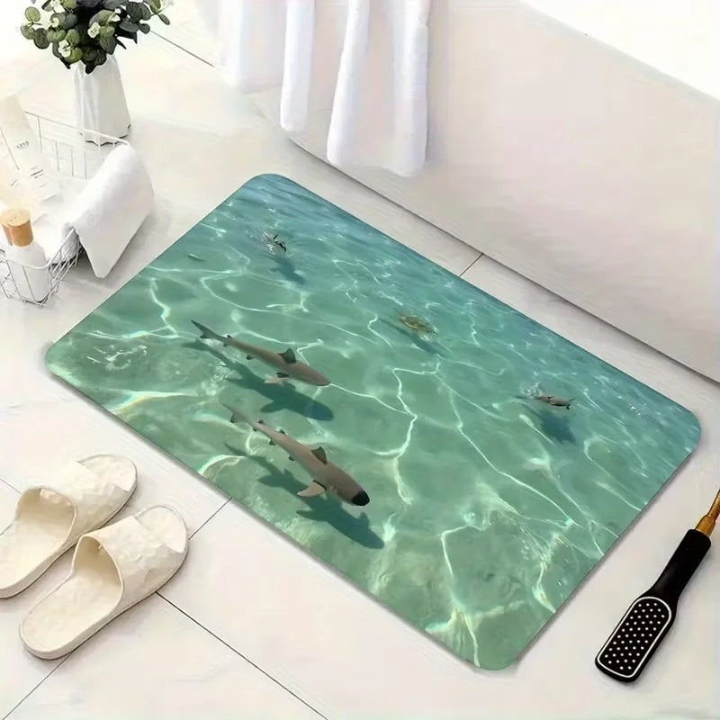 Sea Dragon Dreams Shark Glacier microfiber doormat with realistic ocean shark design on a white bathroom floor.