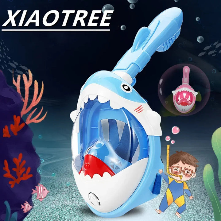 Sea Dragon Dreams children's blue shark-themed full-face snorkel mask with anti-fog lens and panoramic view