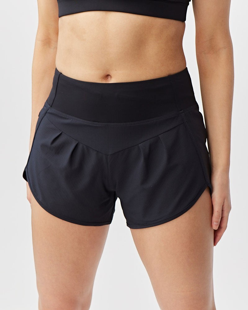 Sea Dragon Dreams Sheva black high rise running shorts with a wide knit waistband and pleated athletic design