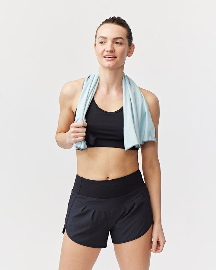 Sea Dragon Dreams Sheva women's black high rise running shorts with pleated detail and a knit waistband