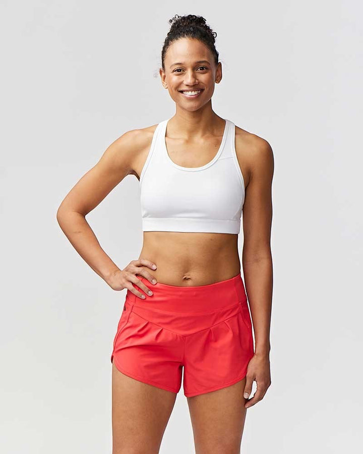 Sea Dragon Dreams Sheva women's high rise running shorts in bright red with a pleated design and knit waistband
