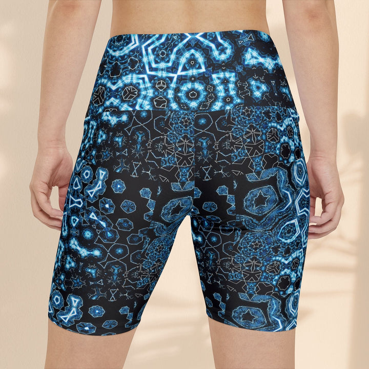 Sea Dragon Dreams women's workout shorts in Shifting Blues print with a geometric pattern on 100% polyester fabric.