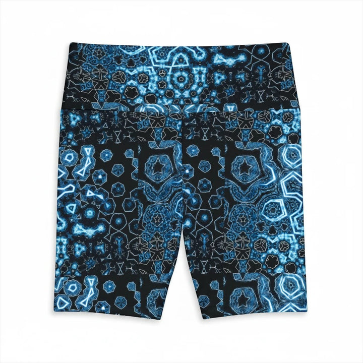 Sea Dragon Dreams workout shorts in Shifting Blues print featuring a geometric blue and black pattern on polyester