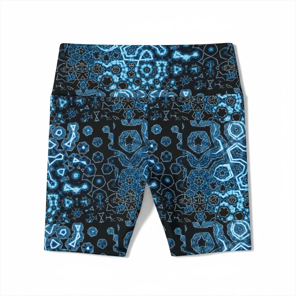 Sea Dragon Dreams women's workout shorts in Shifting Blues print with a geometric pattern on 100% polyester fabric.