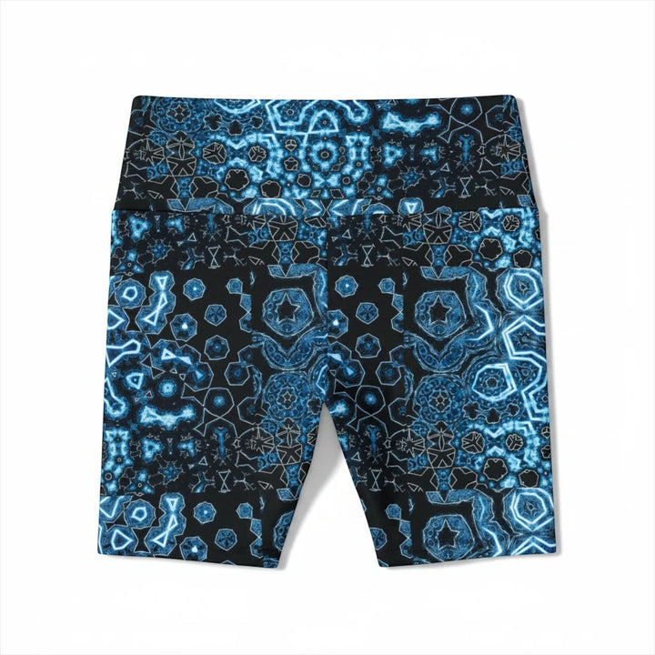 Sea Dragon Dreams women's workout shorts in Shifting Blues print with a geometric pattern on 100% polyester fabric.