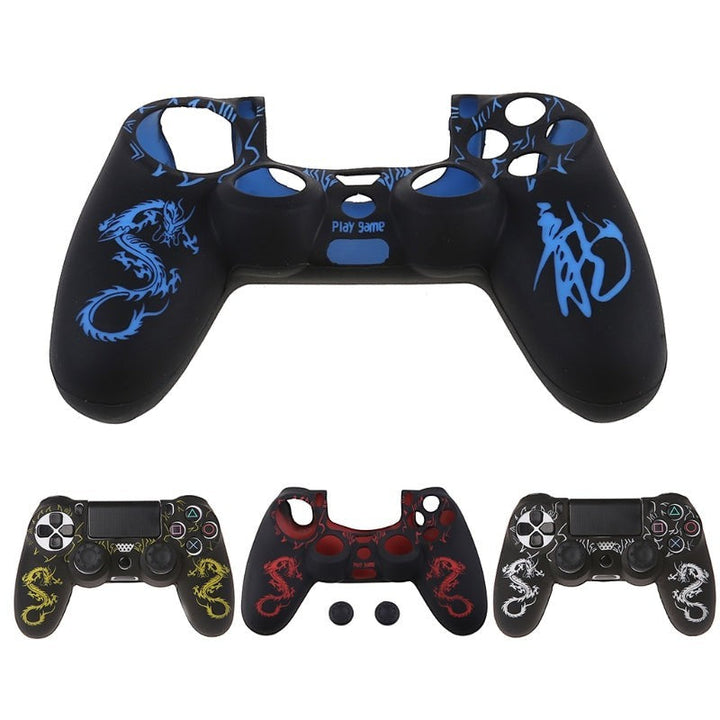 Sea Dragon Dreams silicone controller sleeve with dragon patterns in blue, red, and white on black protective covers.