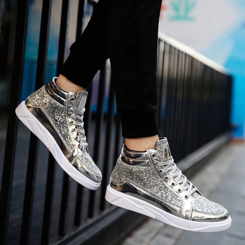 Sea Dragon Dreams silver glitter high-top sneakers with a metallic finish and white soles, perfect for stage performances.