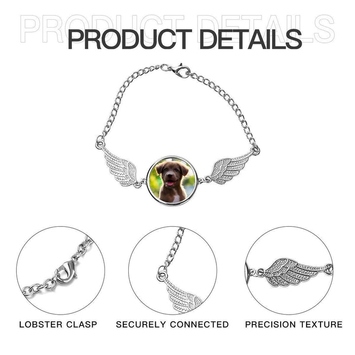 Sea Dragon Dreams silver pet memorial bracelet featuring a custom photo charm flanked by detailed angel wings