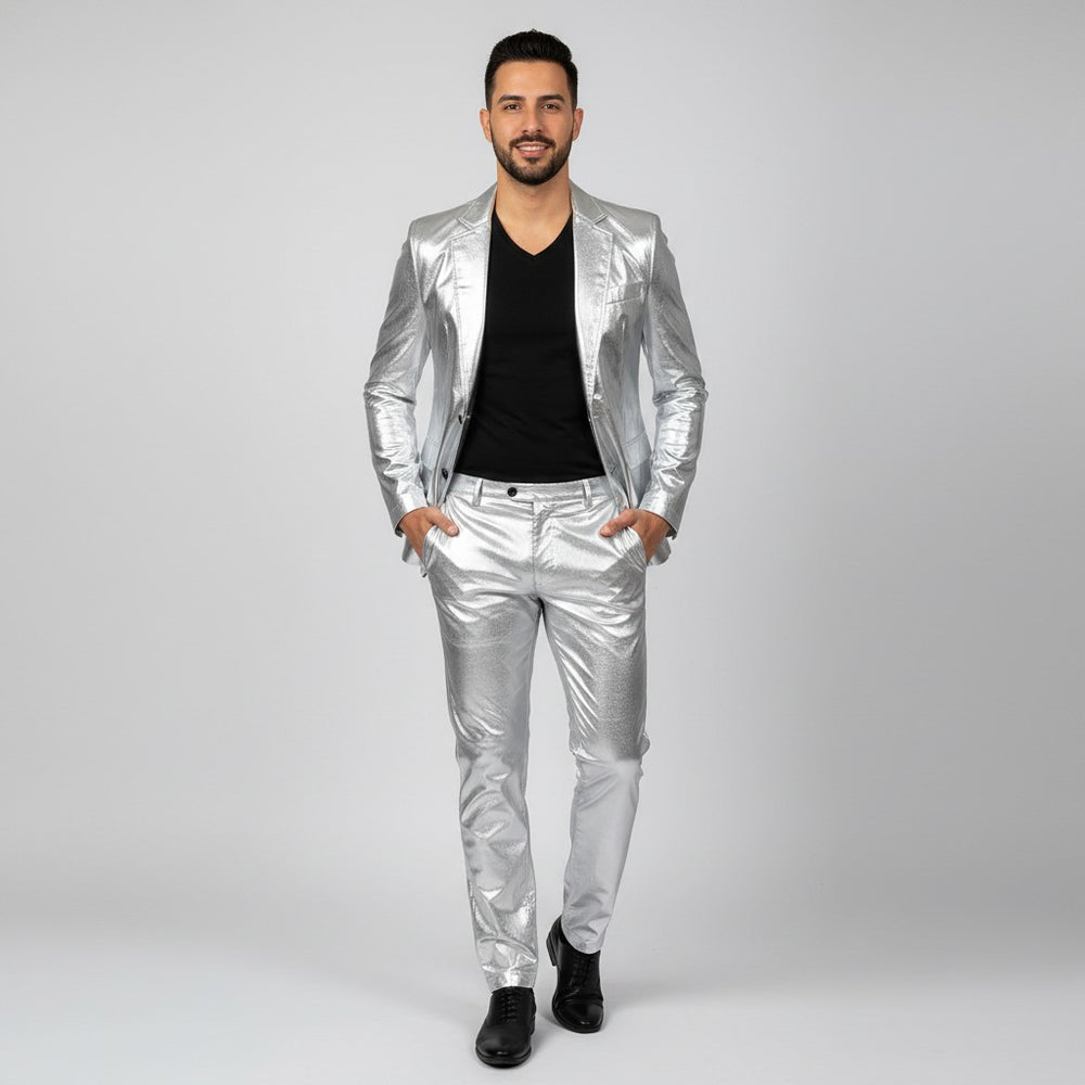 Sea Dragon Dreams men's slim-fit silver metallic two-piece suit worn with a black shirt for a formal event.
