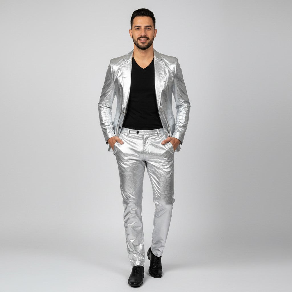 Sea Dragon Dreams men's slim-fit silver metallic two-piece suit worn with a black shirt for a formal event.