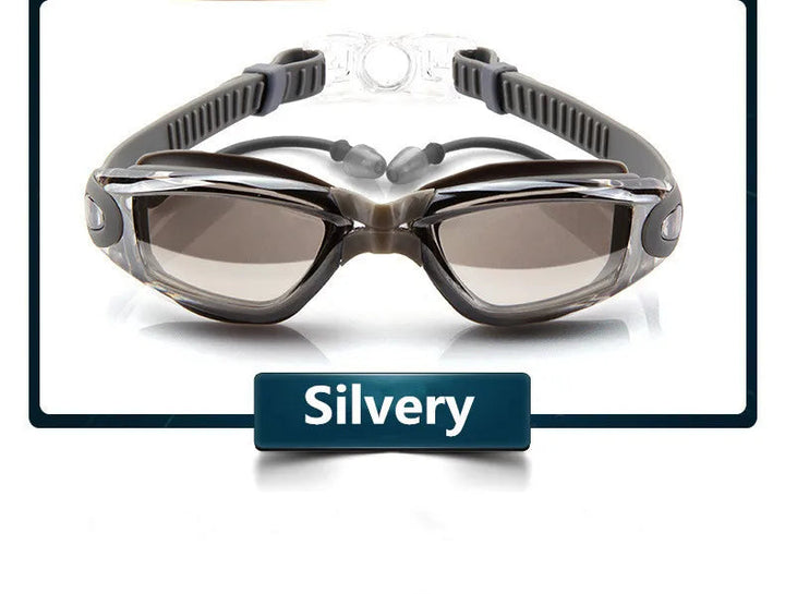 Sea Dragon Dreams professional swimming goggles with silvery anti-fog lenses, silicone gasket, and adjustable strap.