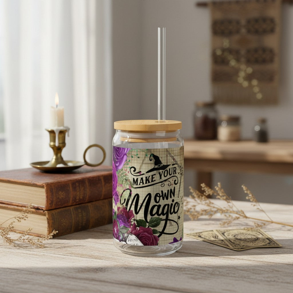 Sea Dragon Dreams 16oz clear glass sipper with bamboo lid, straw, and Make Your Own Magic floral witchy design.