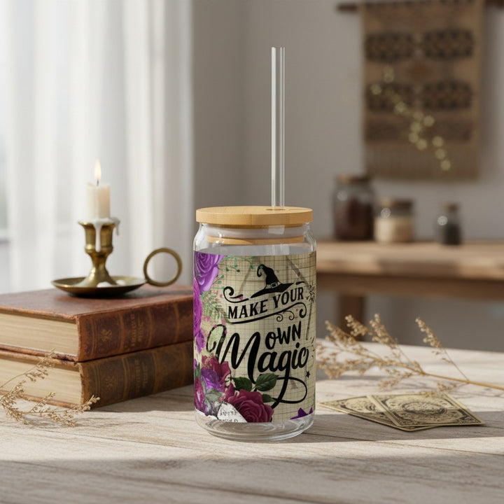 Sea Dragon Dreams 16oz clear glass sipper with bamboo lid, straw, and Make Your Own Magic floral witchy design.