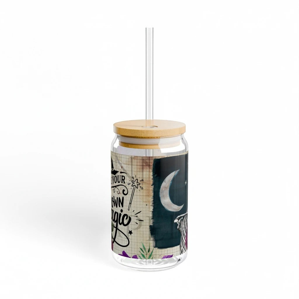 Sea Dragon Dreams 16oz clear tempered glass sipper with bamboo lid, tritan straw, and Make Your Own Magic moon design.