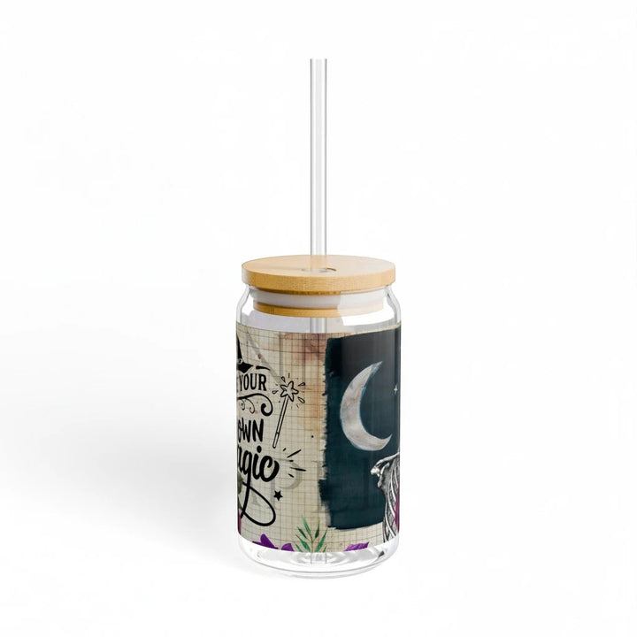 Sea Dragon Dreams 16oz clear tempered glass sipper with bamboo lid, tritan straw, and Make Your Own Magic moon design.
