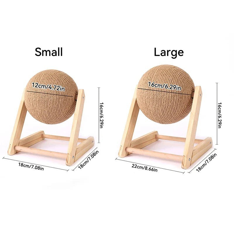 Sea Dragon Dreams cat scratching ball toy with sisal rope on a wooden stand, shown in small and large sizes.