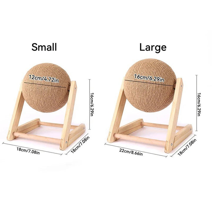 Sea Dragon Dreams cat scratching ball toy with sisal rope on a wooden stand, shown in small and large sizes.
