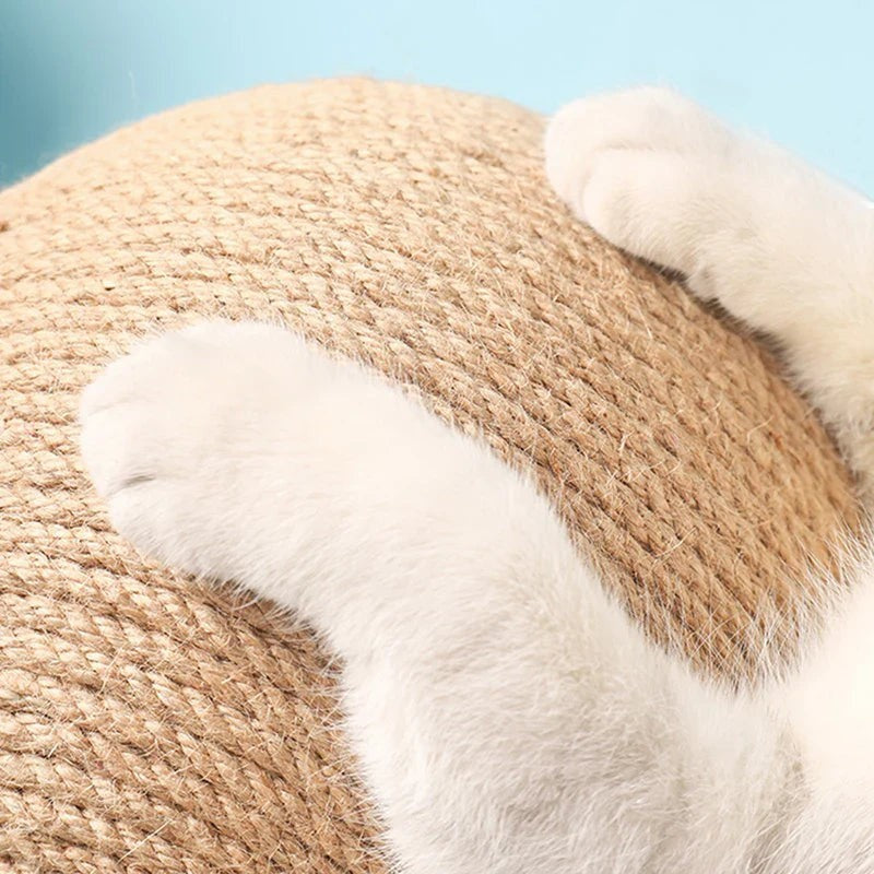 Sea Dragon Dreams cat scratching ball toy made of natural sisal rope with a cat pawing at the textured surface