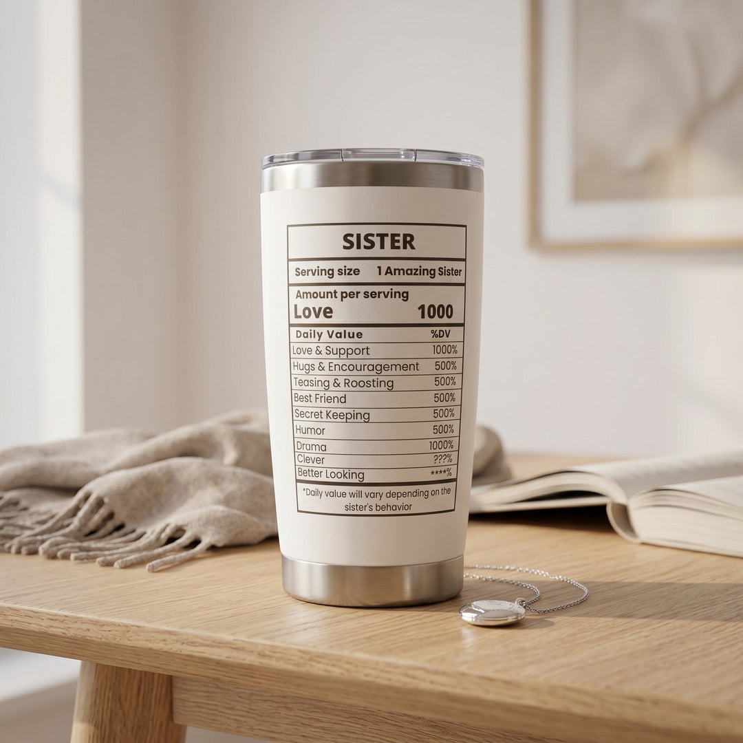 Sea Dragon Dreams white stainless steel 20oz travel tumbler with funny Sister Nutrition Facts print on a wooden desk