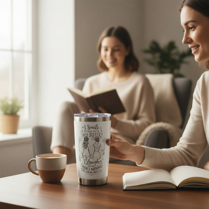 Sea Dragon Dreams 20oz white stainless steel travel tumbler with sister quote held by a woman in a cozy living room