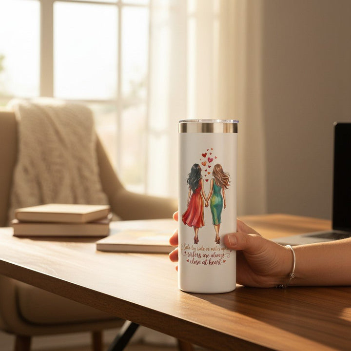 Sea Dragon Dreams 20oz stainless steel travel tumbler with sister illustration and hearts held in a hand at a desk