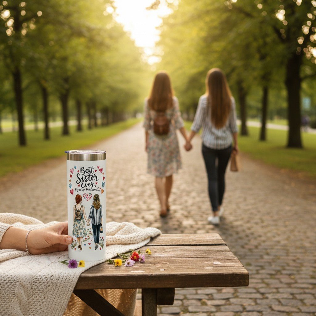 Sea Dragon Dreams 20oz stainless steel tumbler with Best Sister Ever illustration, held on a park bench outdoors.