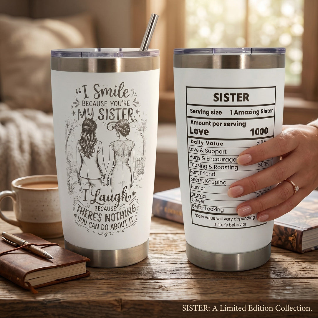Sea Dragon Dreams 20oz white stainless steel travel tumbler with sisterhood nutrition facts and illustration
