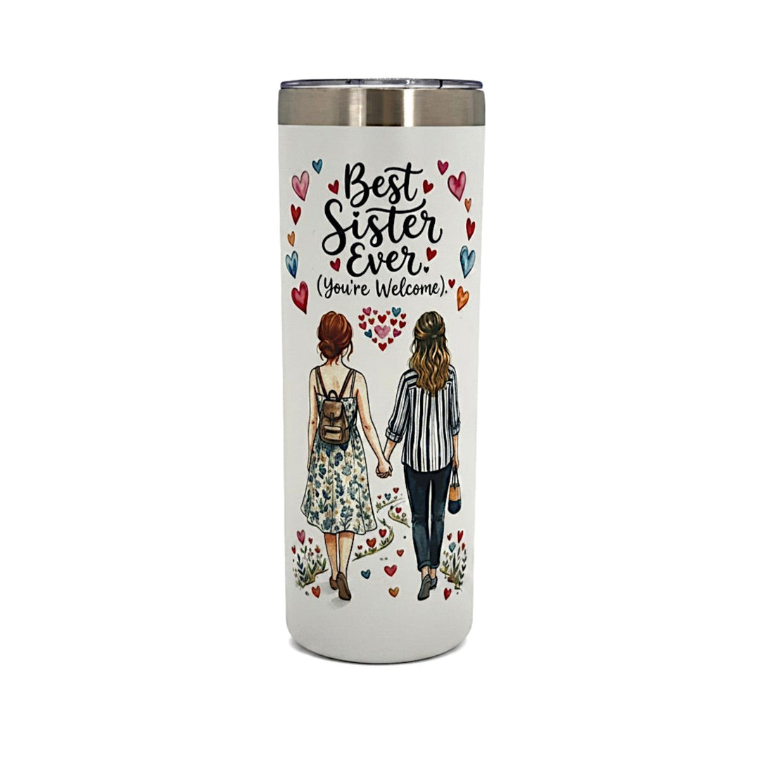 Sea Dragon Dreams 20oz stainless steel travel tumbler featuring a Best Sister Ever illustration with two women