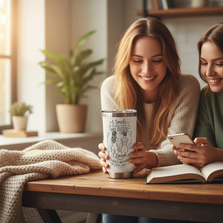 Sea Dragon Dreams 20oz stainless steel travel tumbler with sisterhood quote held by two smiling women at a table