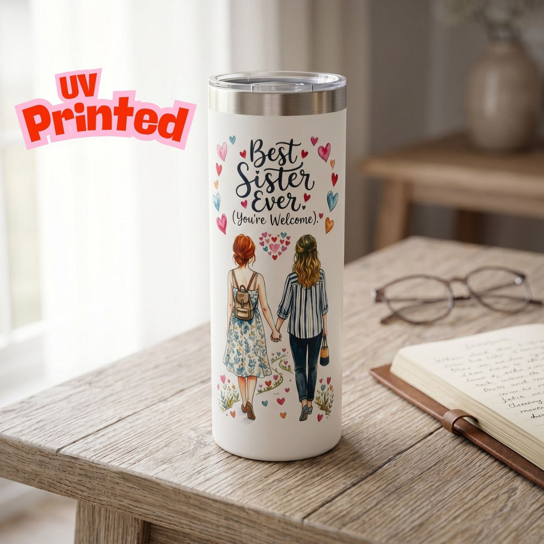 Sea Dragon Dreams 20oz stainless steel travel tumbler with Best Sister Ever illustration on a wooden desk