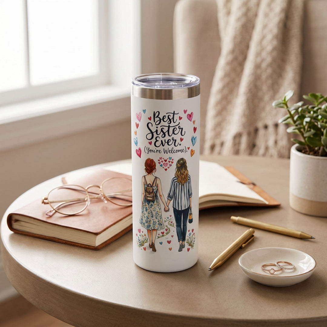 Sea Dragon Dreams 20oz stainless steel travel tumbler featuring Best Sister Ever illustration on a desk
