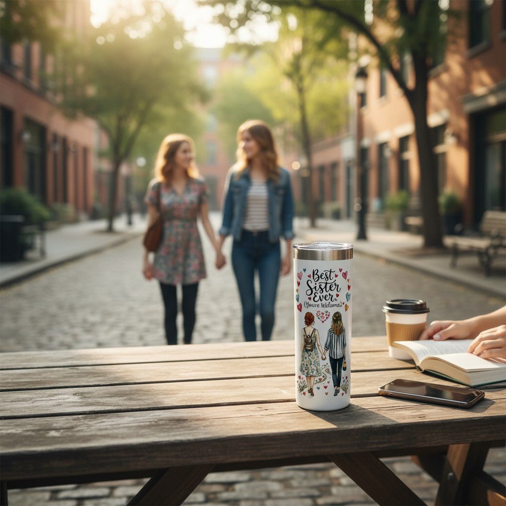 Sea Dragon Dreams 20oz stainless steel travel tumbler featuring Best Sister Ever illustration on a wooden table