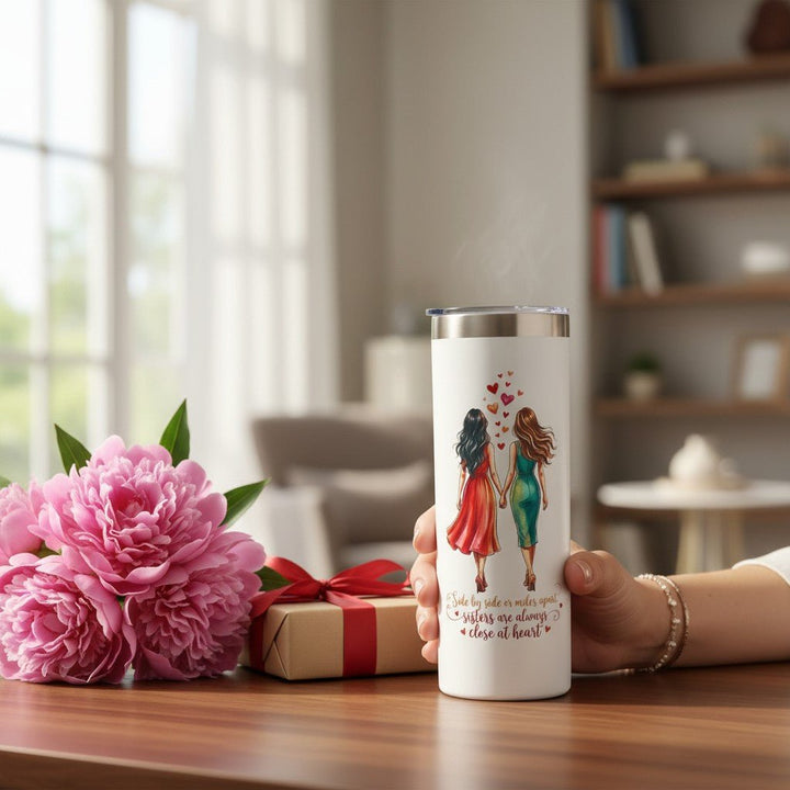 Sea Dragon Dreams 20oz stainless steel travel tumbler with sister illustration and quote on a wooden desk with flowers