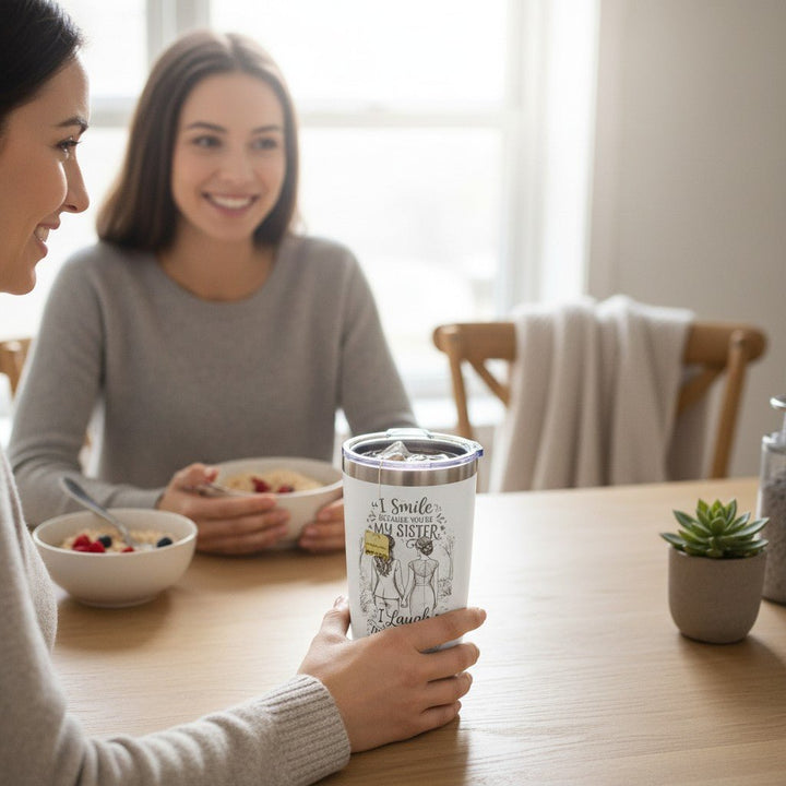 Sea Dragon Dreams 20oz stainless steel travel tumbler with sister quote held by a woman at a breakfast table