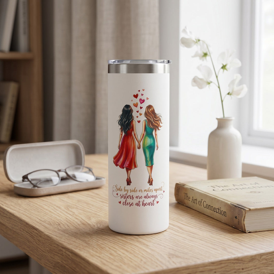 Sea Dragon Dreams 20oz stainless steel travel tumbler featuring an illustration of two sisters holding hands