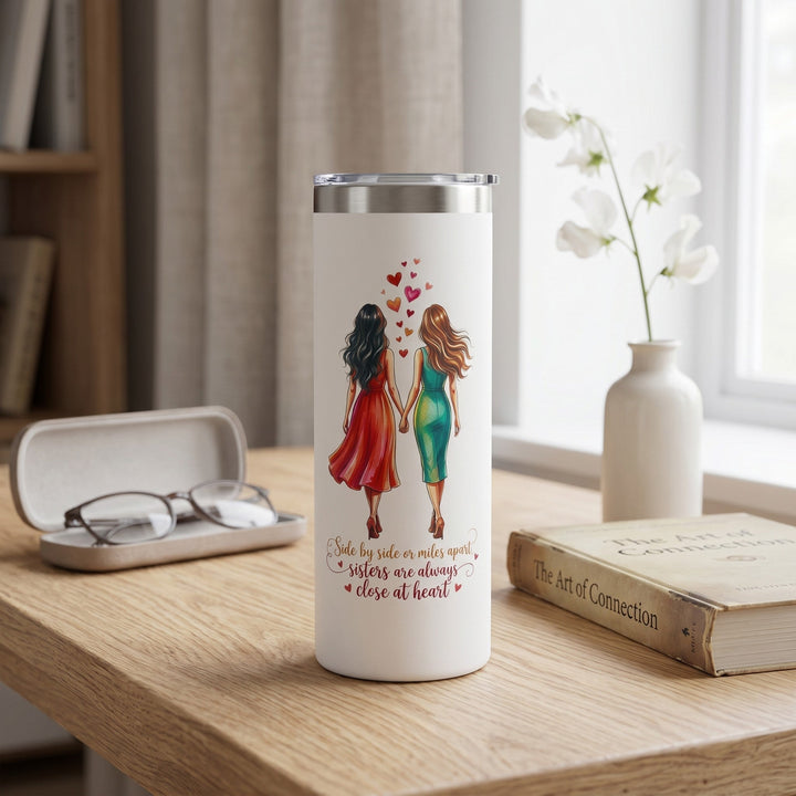 Sea Dragon Dreams 20oz stainless steel travel tumbler featuring an illustration of two sisters holding hands