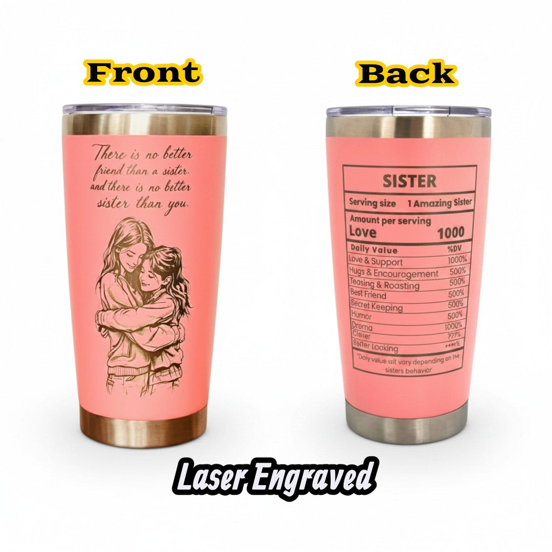 Sea Dragon Dreams 20oz coral stainless steel travel tumbler with laser-engraved sister quote and nutrition facts design.
