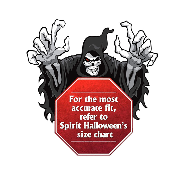 Sea Dragon Dreams size chart graphic featuring a spooky grim reaper character above a red stop sign shape