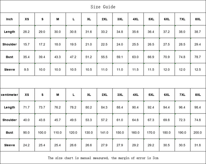 Sea Dragon Dreams size guide table for unisex Hawaiian shirts showing measurements in inches and centimeters