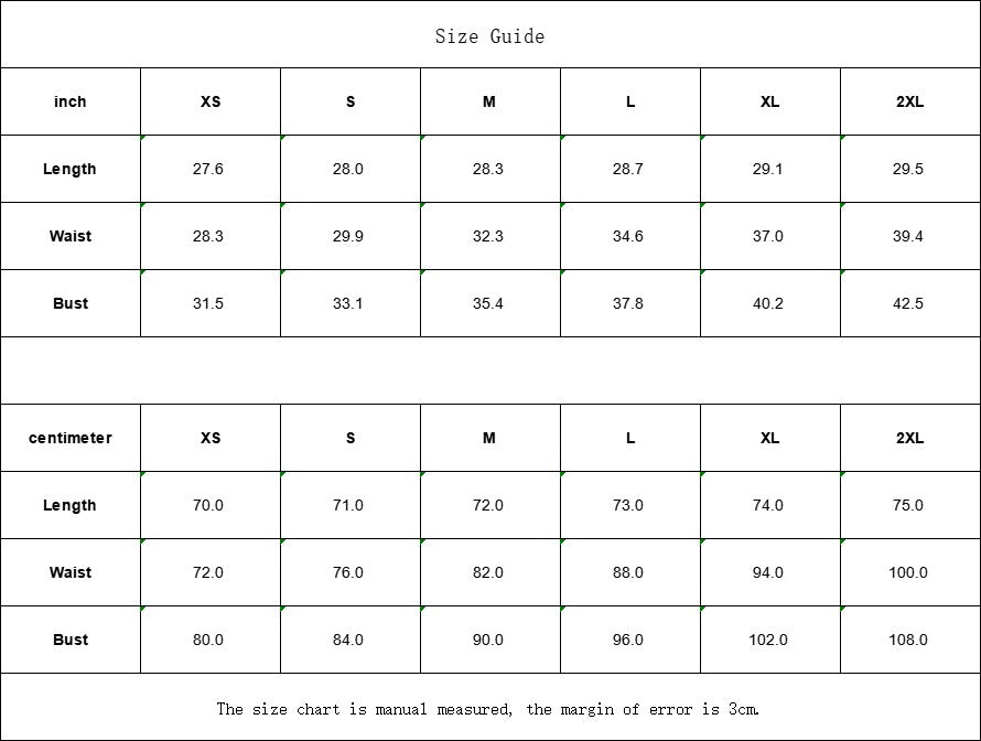 Sea Dragon Dreams size guide chart for women's cami dress with measurements in inches and centimeters for sizes XS-2XL