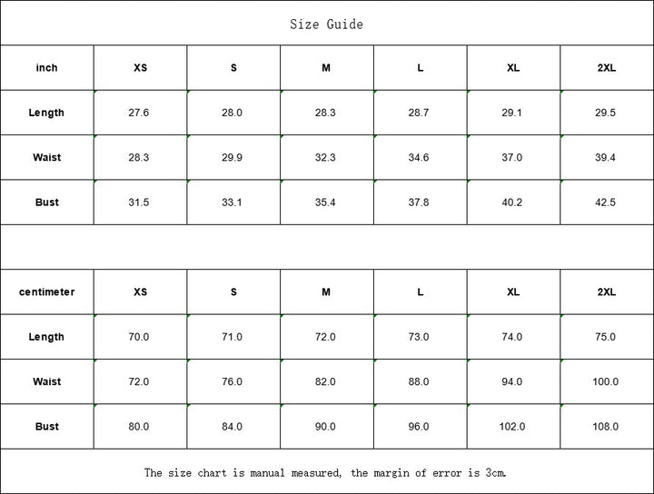 Sea Dragon Dreams size guide chart for women's cami dress with measurements in inches and centimeters for sizes XS-2XL