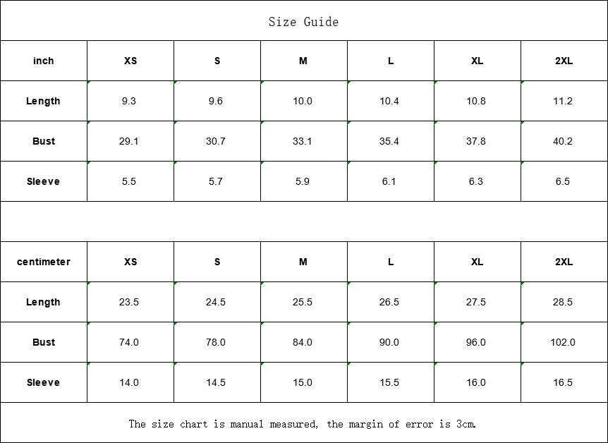 Sea Dragon Dreams size guide chart for women's one-shoulder crop top with length, bust, and sleeve measurements.