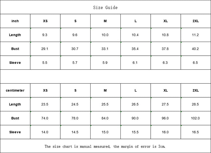 Sea Dragon Dreams size guide chart for women's one-shoulder crop top with length, bust, and sleeve measurements.