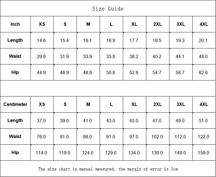 Sea Dragon Dreams size guide table for men's shorts showing length, waist, and hip measurements in inches and centimeters.
