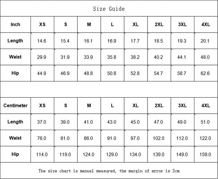 Sea Dragon Dreams size guide table for men's shorts showing length, waist, and hip measurements in inches and centimeters.